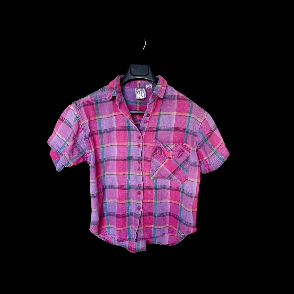Vintage 80's Chez Pink Plaid Cotton Short Sleeve Button Down Shirt Womens M‎